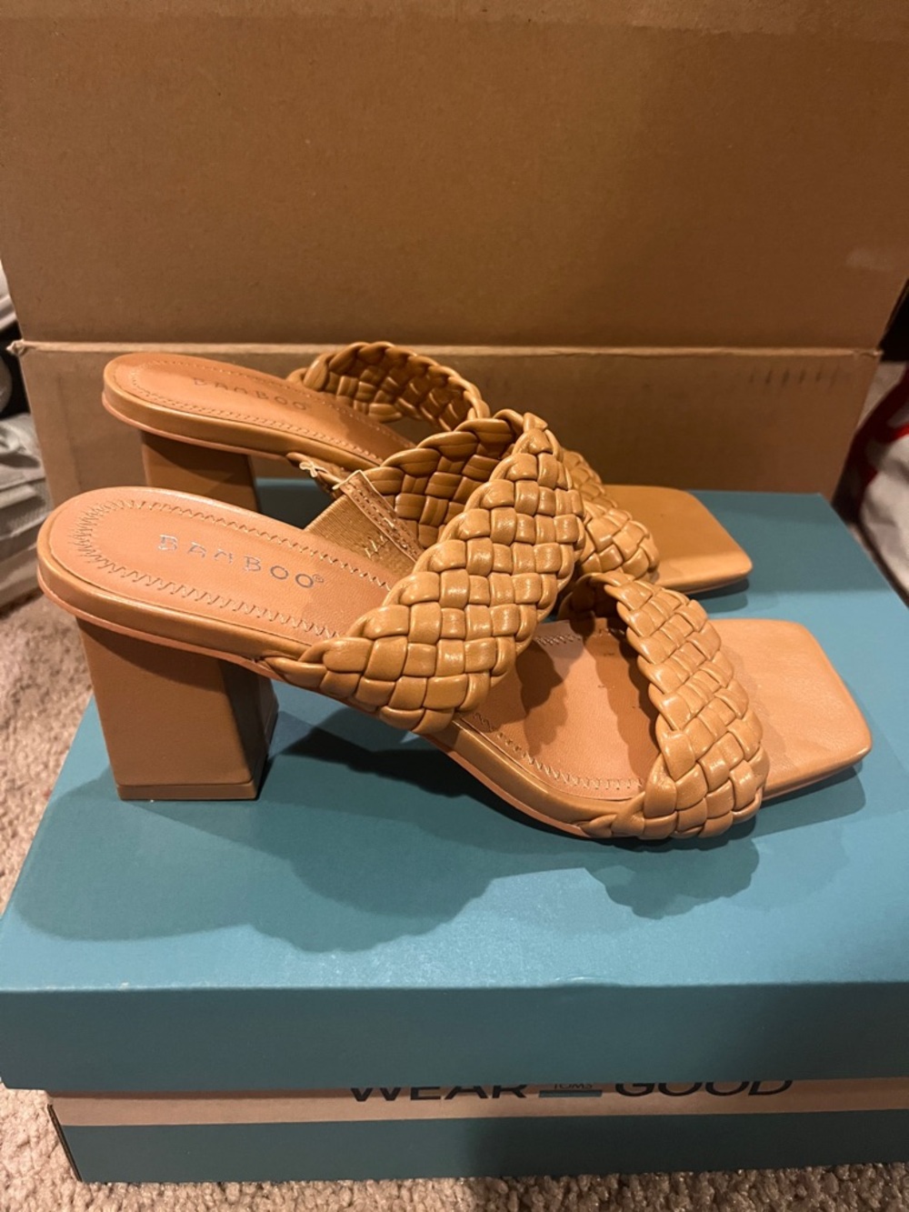 BAMBOO Braided Tan Block Heel Sandals